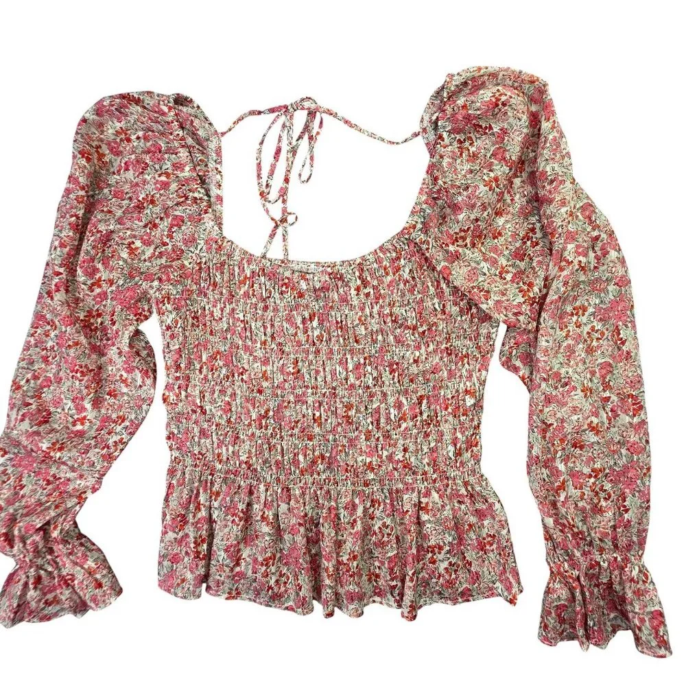 LucyParis Top Womens Medium Pink Floral Smocked Puff Sleeve Peplum Boho Festive